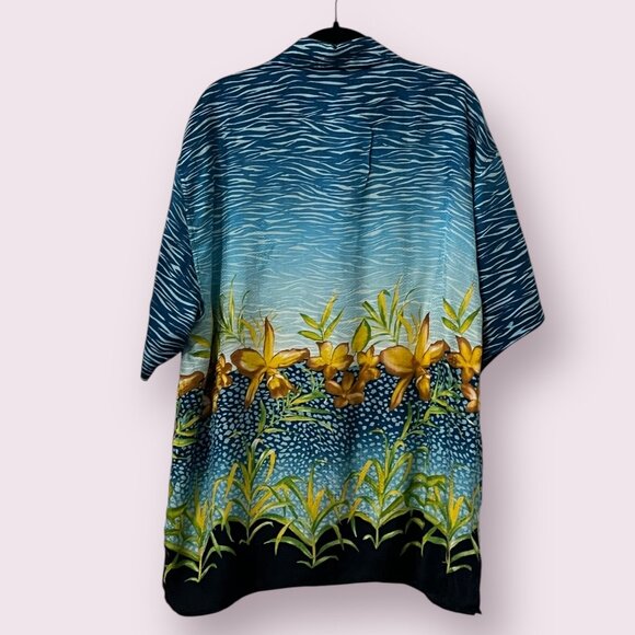 Tulliano Men’s 100% Silk Hawaiian Shirt Size Large – Blue Yellow Orchid Floral - Picture 2 of 8